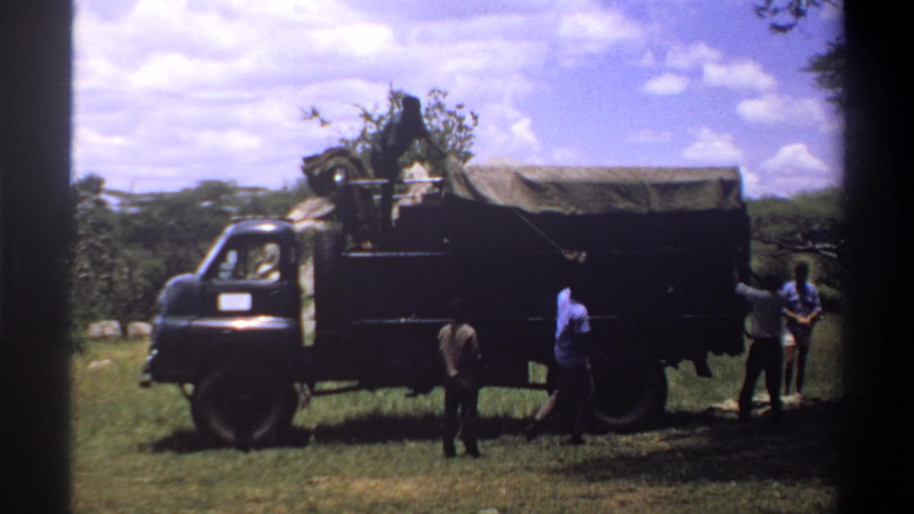 Men work beside a covered truck while one person stands near the rear.