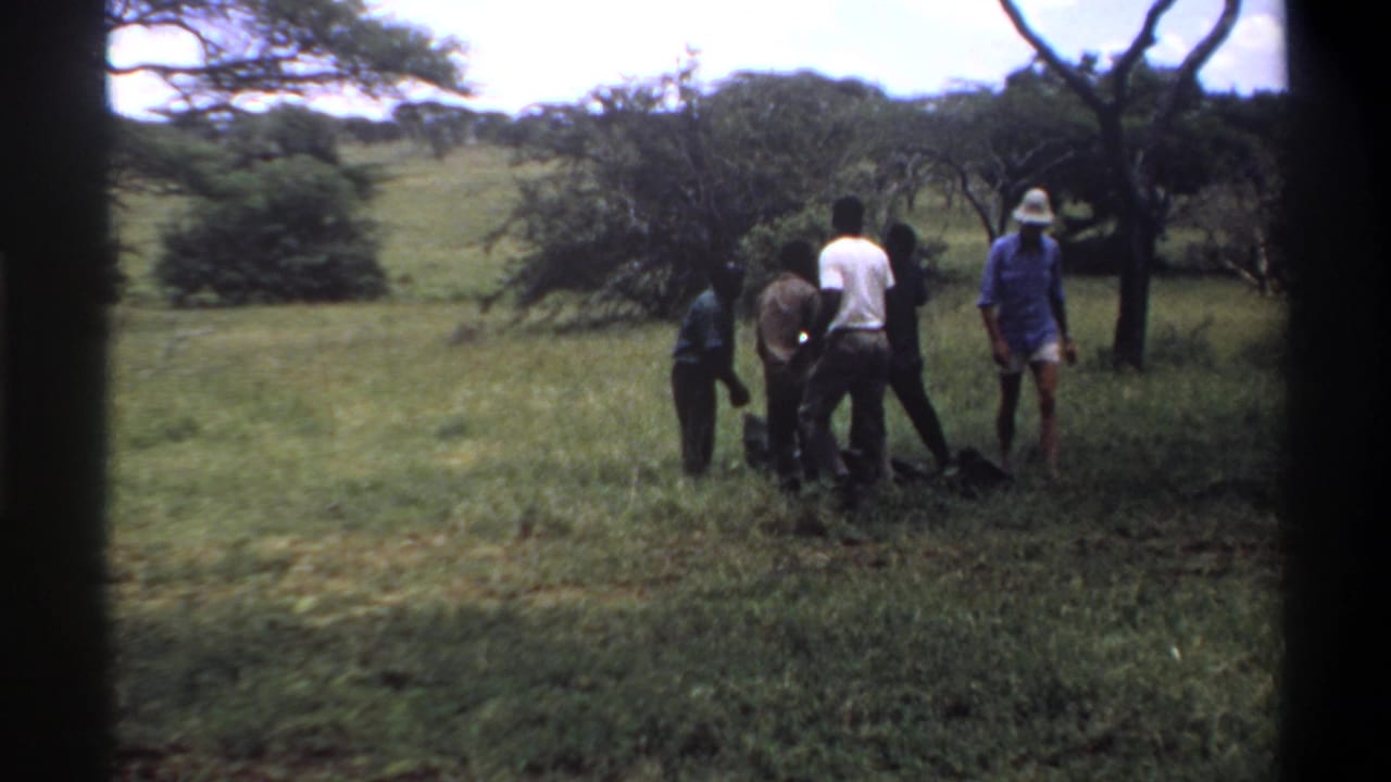The 1969 Lagos home-movie frame shows several men standing close together around a dark object in tall grass.