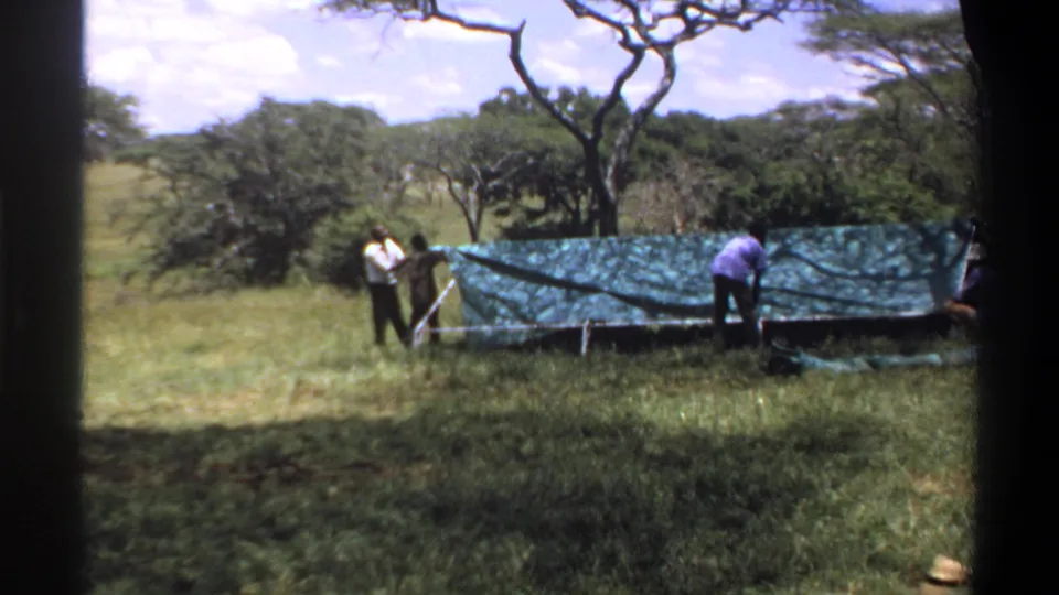 At the end of the clip, men work around a green tarp stretched across a low outdoor frame in the Lagos, Nigeria scene identified as 1969.