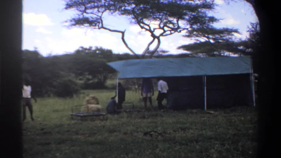 1969 Lagos, Nigeria 8mm frame of men beside a long green tarp shelter in a grassy clearing under broad trees.