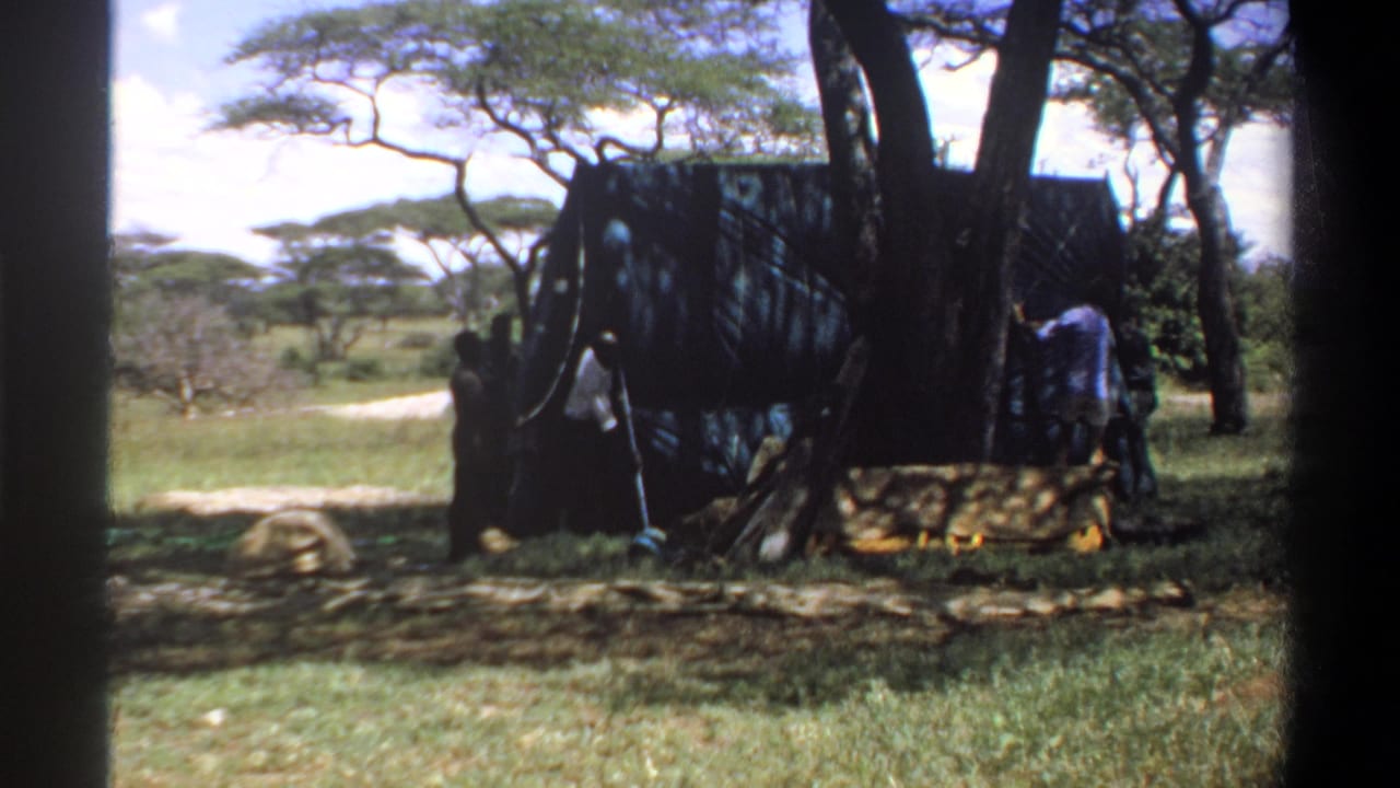 Several people stand around a dark tent structure beneath trees.