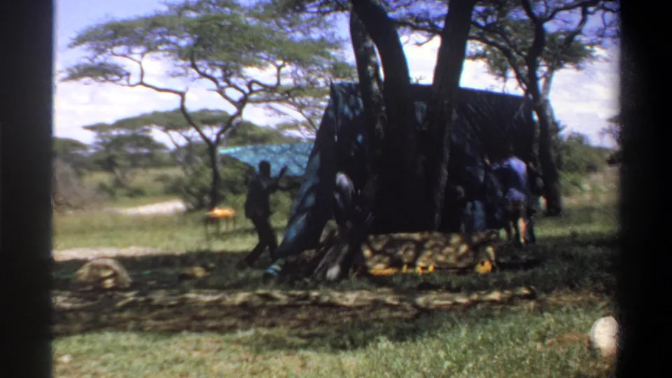 1969 Lagos, Nigeria home-movie frame showing adults around a dark tarp shelter under large shade trees with a blue canopy nearby.