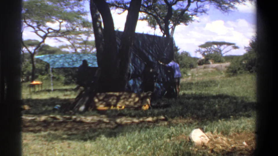 1969 Lagos, Nigeria home-movie frame showing figures beside a tarp shelter under shade trees in an open grassy area.