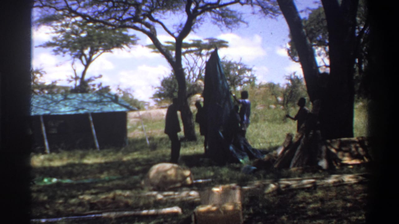 1969 Lagos, Nigeria home-movie frame with several people around a raised tarp, poles, trees, grass, and a small blue-roofed structure.