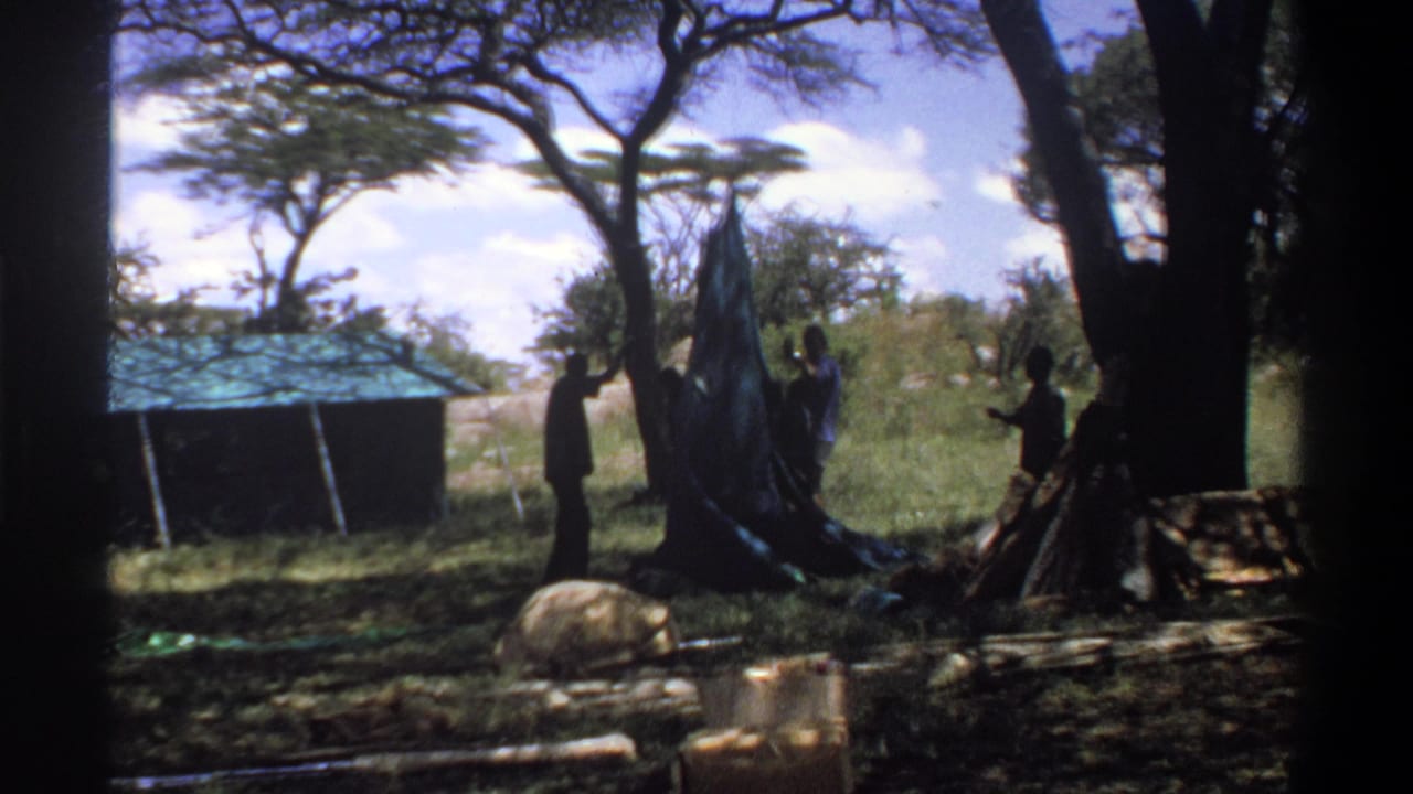 In Lagos, Nigeria, 1969 home-movie footage, several men appear near a blue tarp or tent under trees beside a low roofed structure.