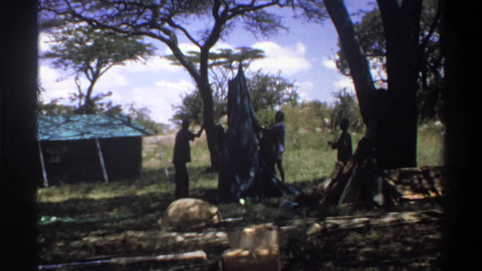 Several men in 1969 Lagos home-movie footage handle a raised blue tarp or tent beneath tall trees and a bright sky.