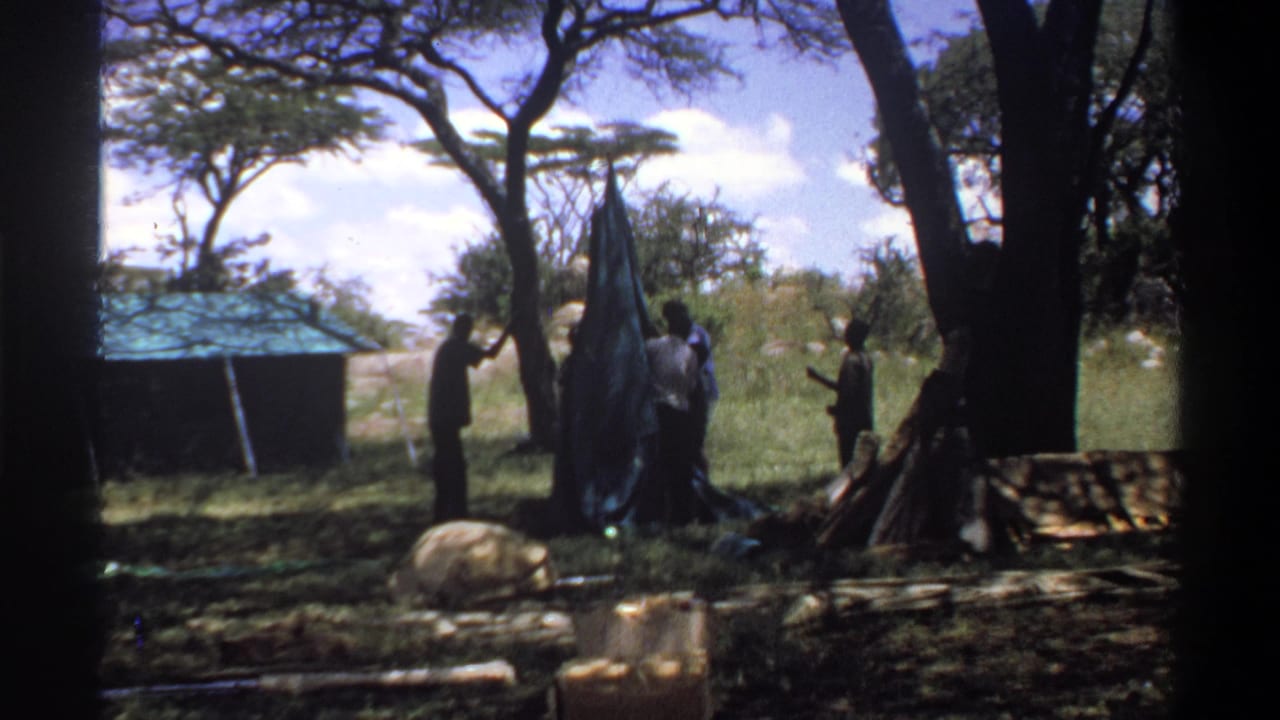 At the end of the 1969 Lagos clip, men remain gathered around the blue tarp or tent under trees in a shaded outdoor camp-like setting.