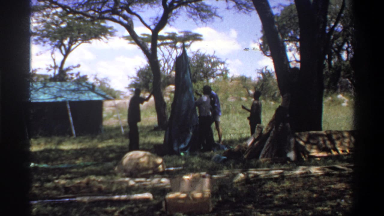 In 1969 Lagos home-movie footage, several men appear to work around a dark tent or awning beneath shade trees in a grassy setting.