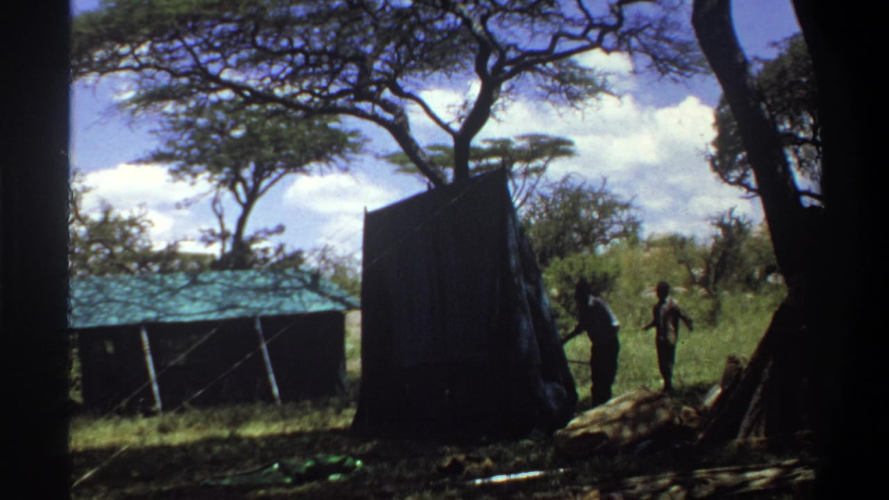 1969 Lagos, Nigeria home-movie frame showing men near a dark tent panel in a shaded grassy campsite.