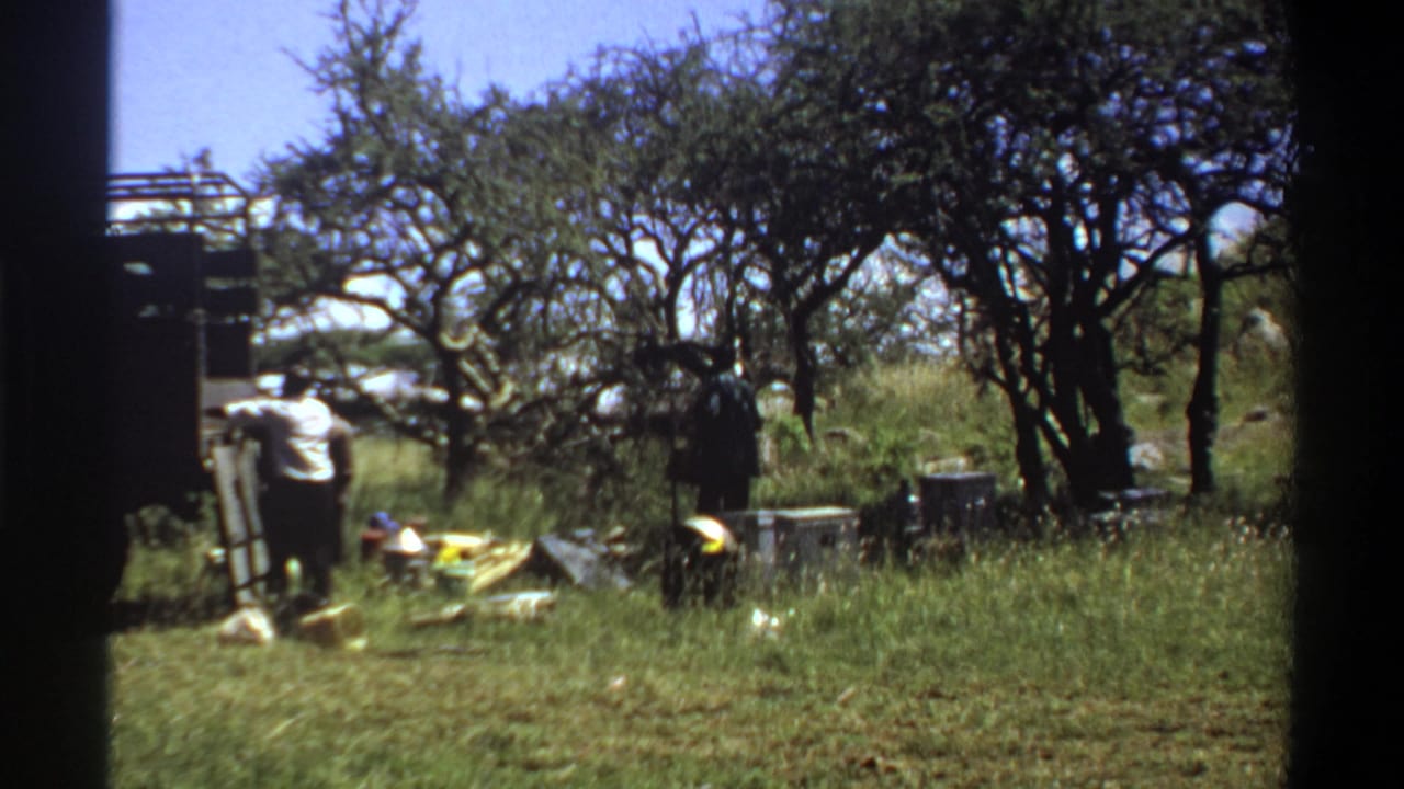 The 1969 Lagos home-movie frame shows men around a truck, with one bending near scattered supplies on the ground.