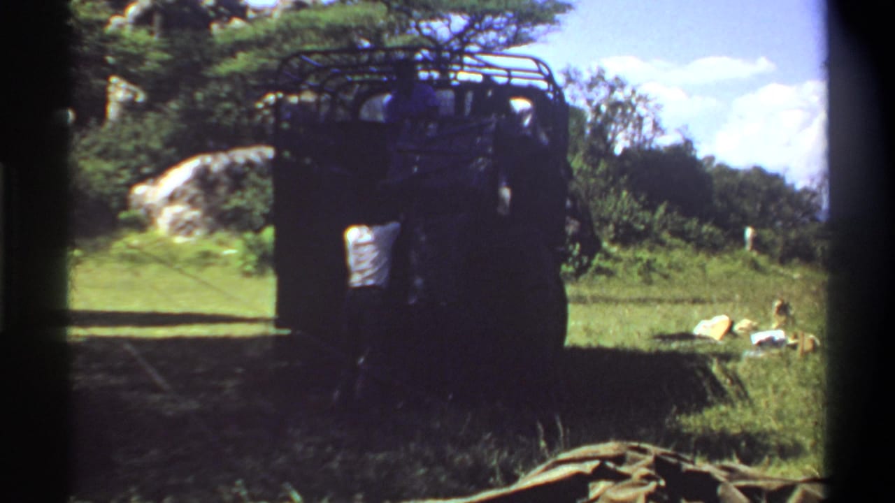 1969 Lagos, Nigeria home-movie frame with a shaded rear view of a truck, passengers faintly visible, and luggage-like objects in the grass.
