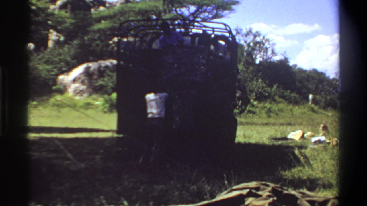 1969 Lagos, Nigeria frame showing the rear of a dark safari-style truck in shade, with green grass, trees, rocks, and nearby travel items.