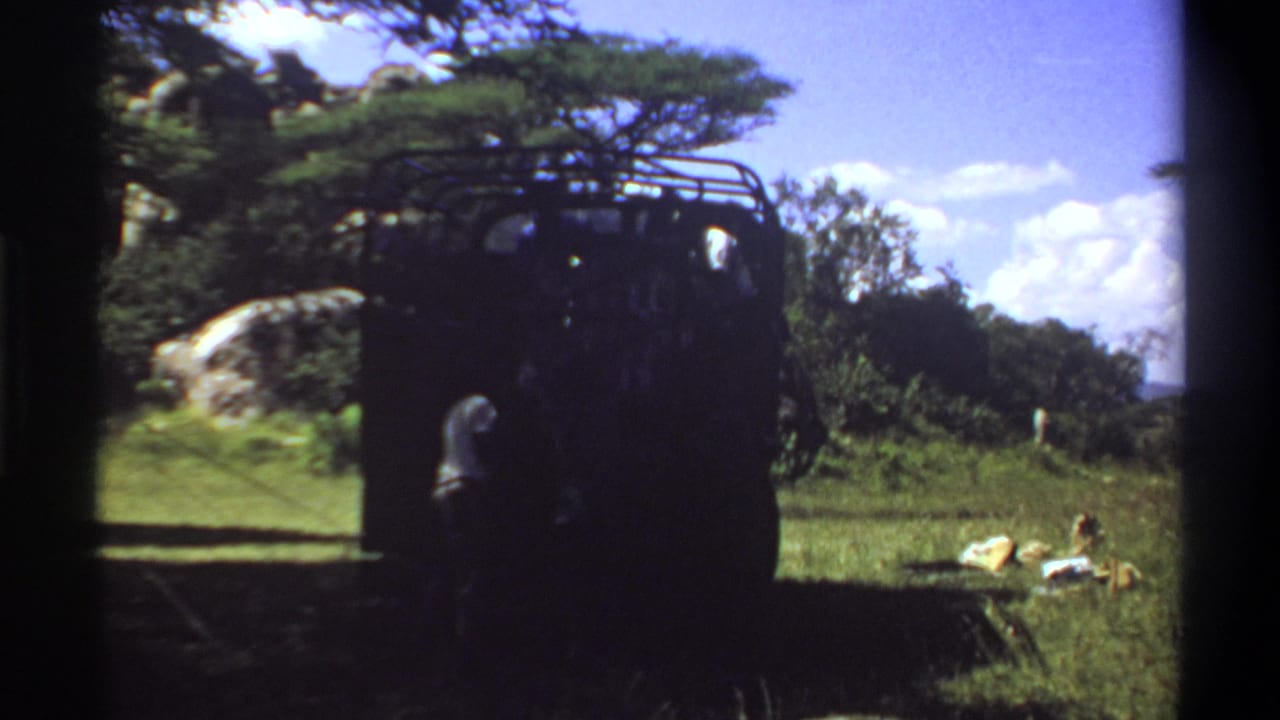 1969 Lagos home-movie frame with a roof-rack truck in shade, grassy clearing, trees, large rock, and items on the ground.