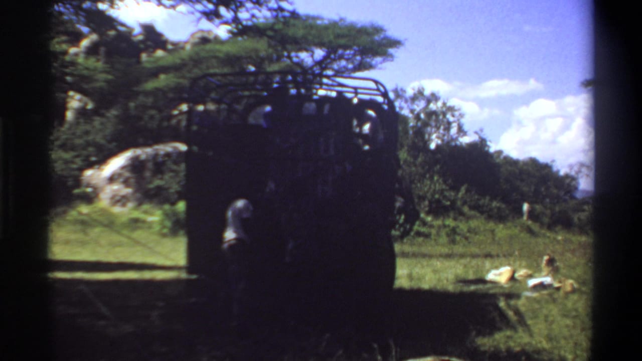 1969 Lagos, Nigeria 8mm frame showing a dark roof-rack truck in a grassy outdoor area with trees, rock, sky, and a person near the rear.