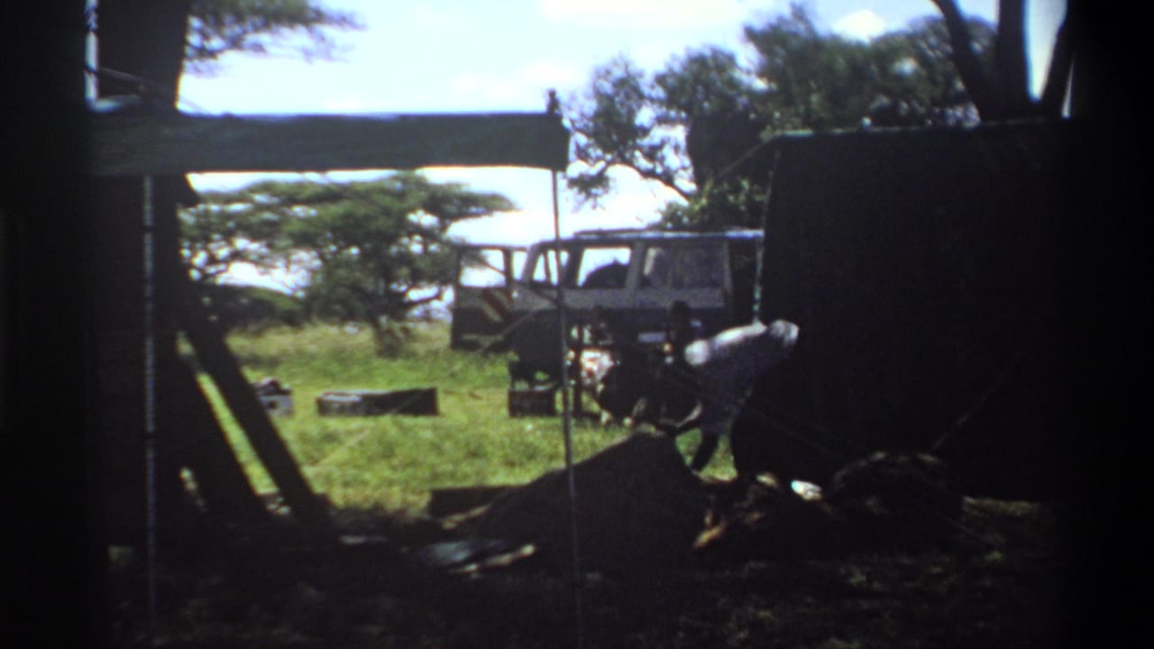 1969 Lagos home-movie frame showing a grassy campsite with trees, a white utility vehicle, dark shelter, and a man working near wood.