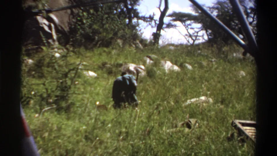 1969 Lagos home-movie frame of a man crouched or bent in tall grass near rocks, seen past a red-and-white pole and vehicle edge.