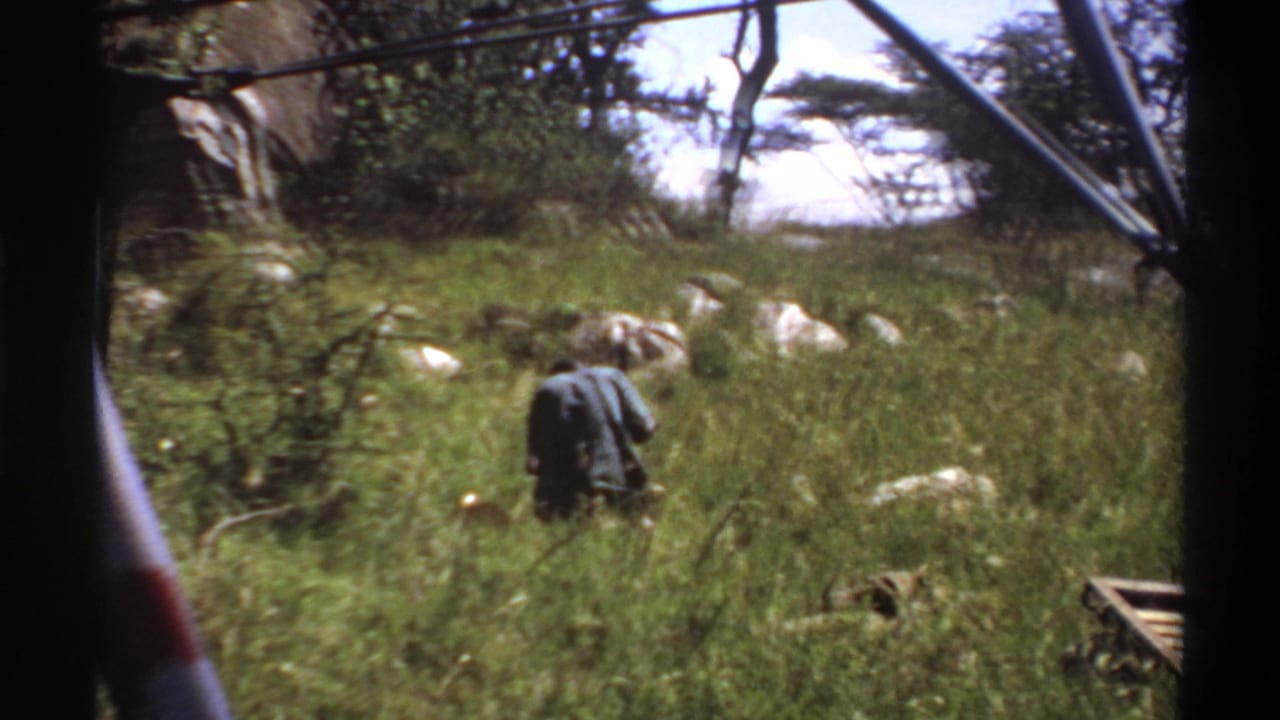 Soft 8mm frame from Lagos, 1969, with a man bent forward in dense grass and pale rocks visible across the background.