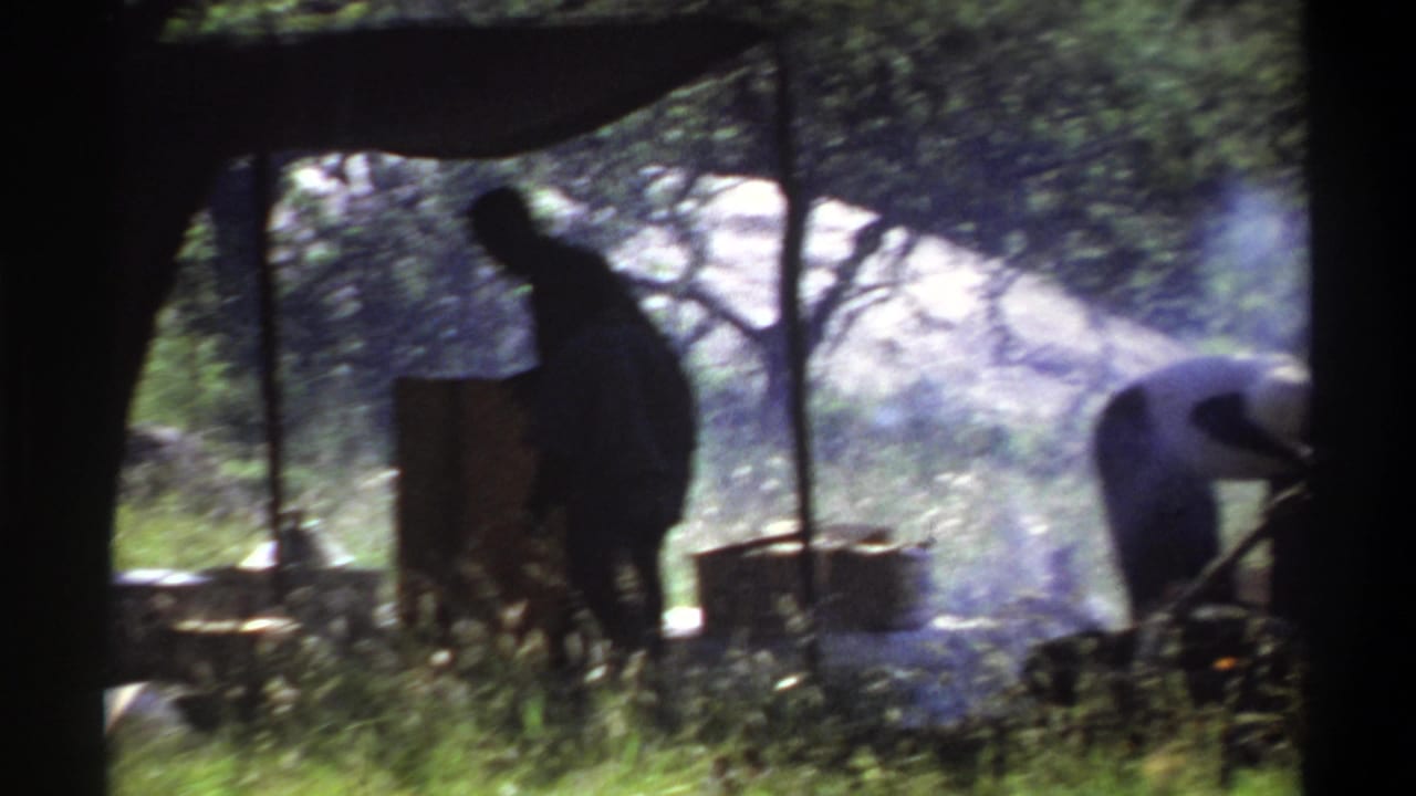 1969 Lagos campsite footage frame with a figure near a cooking station, smoke, pots, and trees under a simple canopy.