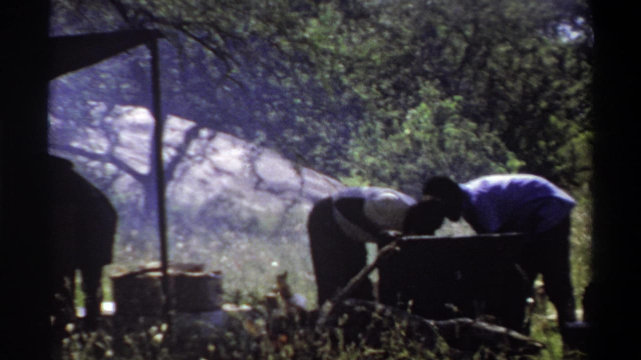 1969 Lagos home-movie frame showing silhouetted people working over camp equipment beneath a canopy in a grassy wooded area.