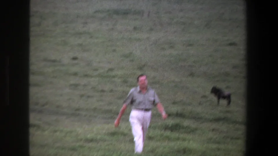 1969 Pretoria frame showing the man approaching through grass while a dark animal appears near the right edge of the field.