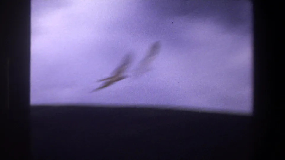 A blurred dark bird silhouette moves through a bright clouded area in purple-shifted 8mm footage from the supplied Pretoria reel.