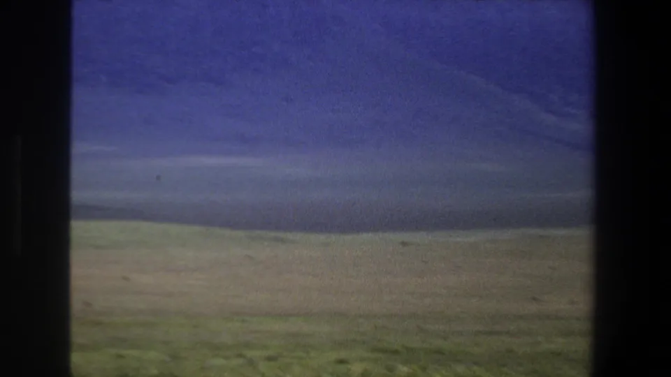 1969 Pretoria frame with pale green meadow, faint distant hills, dark side edge, and strong blue-purple cast from the 8mm film image.