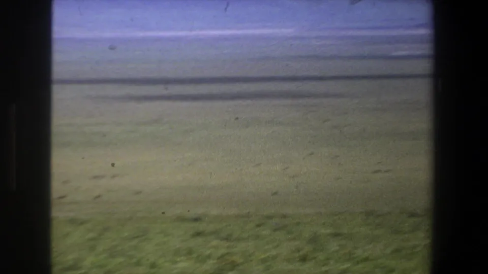 1969 home-movie footage shows a broad green plain near Pretoria with soft focus, grain, and distant horizontal landscape bands.
