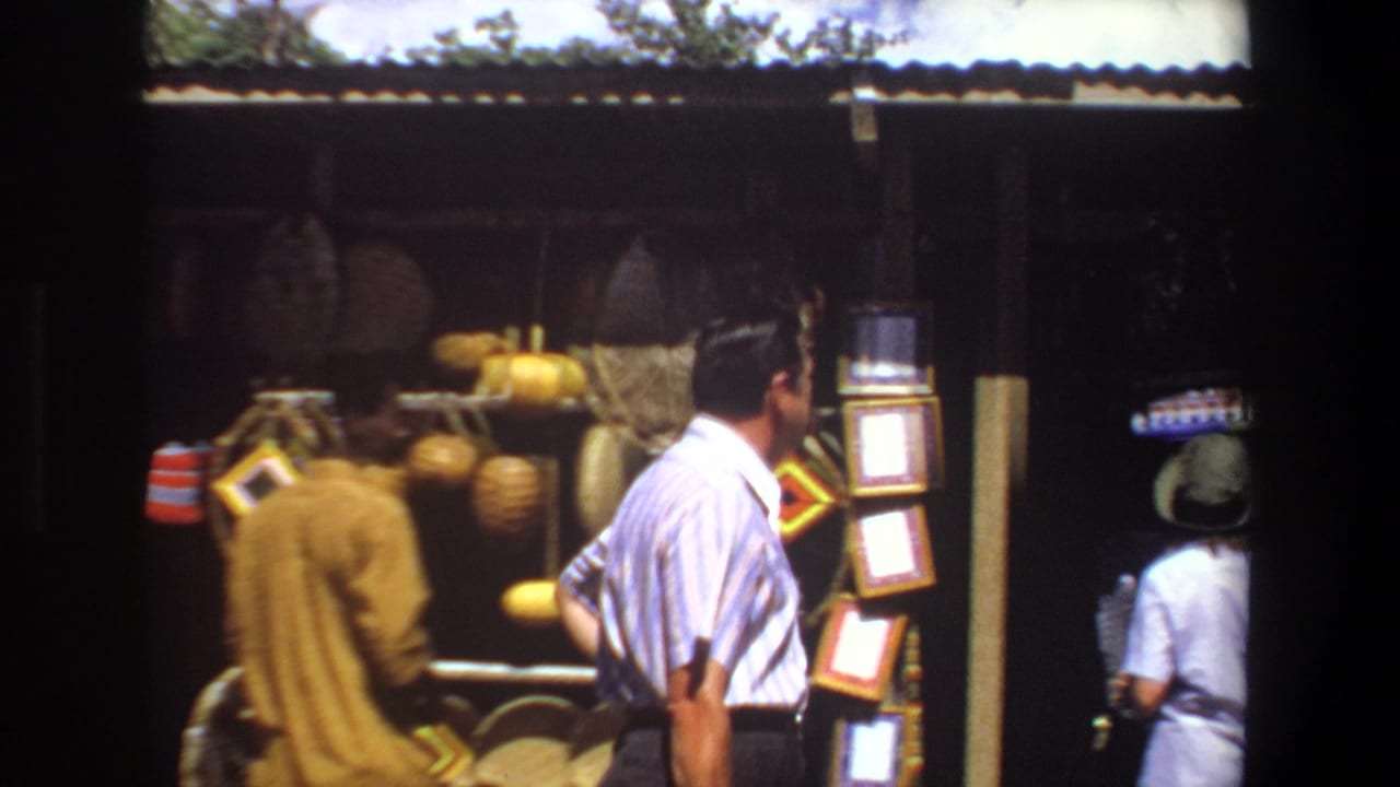 Striped-shirt man and brown-shirt man move past hanging baskets at a market stall.