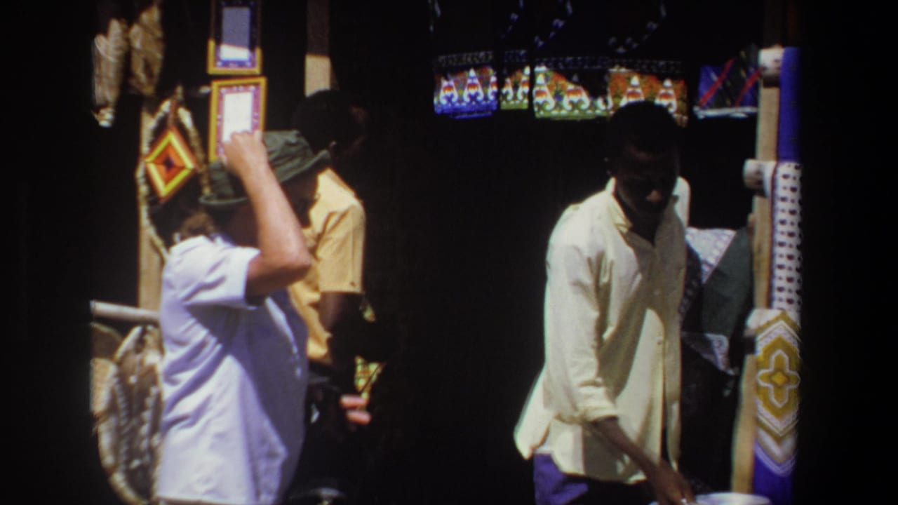 In 1969 Pretoria, a tourist woman in a green hat browses a shaded craft stall with a vendor nearby and patterned goods around them.