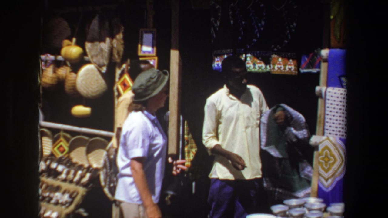 In 1969 Pretoria, a woman in a light shirt and brimmed hat stands before a shaded market stall as a vendor prepares to show cloth.