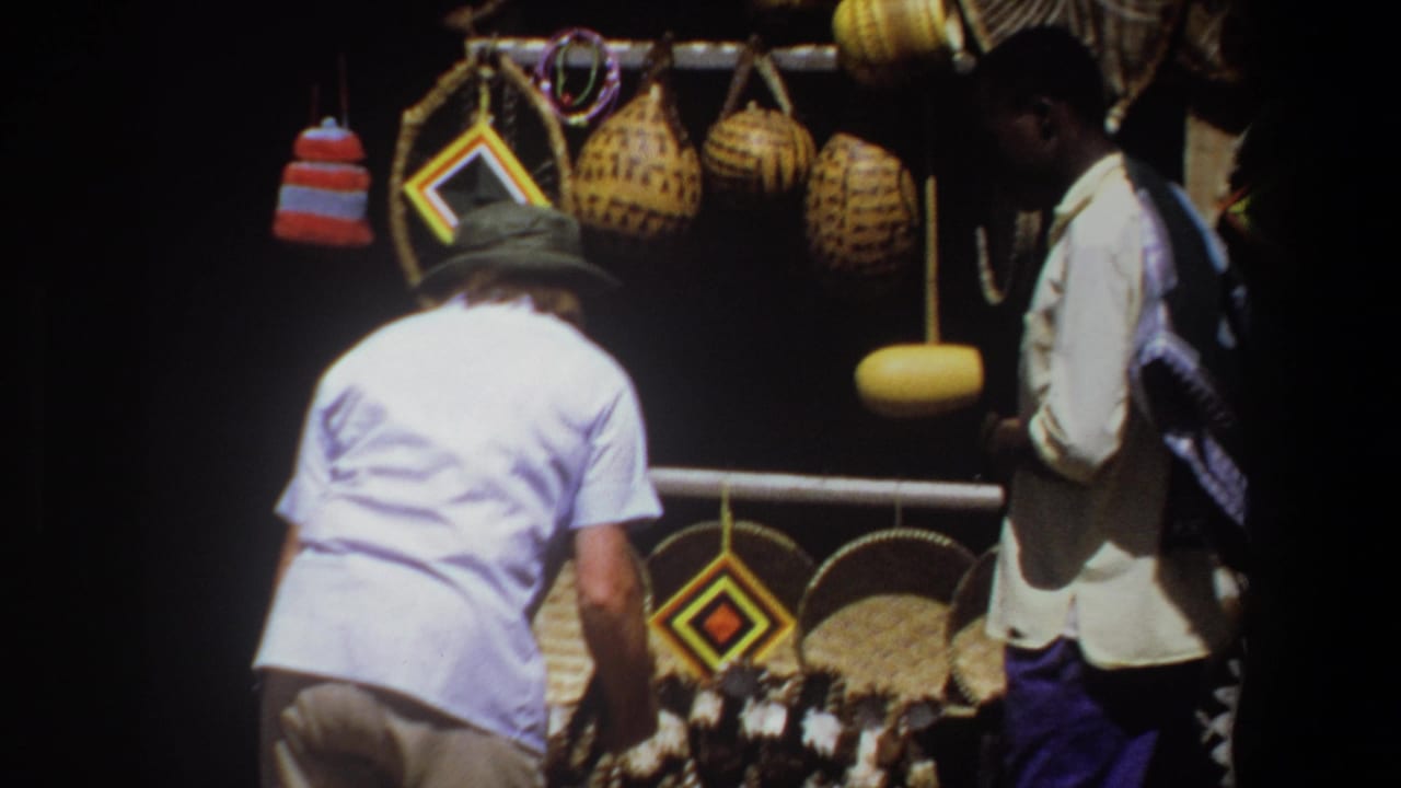 Shopper leans toward a display of hanging baskets while another man stands nearby.