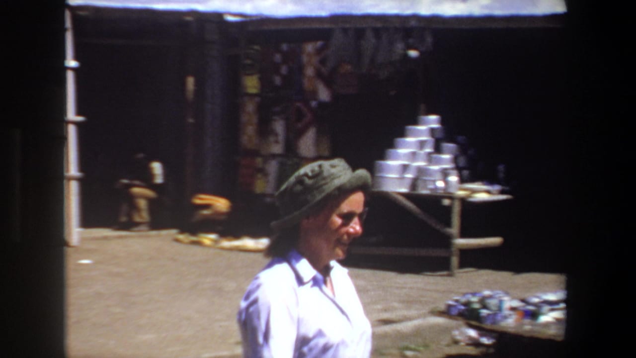 In 1969 Pretoria footage, a woman in a green hat and light shirt passes sunlit market tables with stacked metal cookware and shaded stall displays.