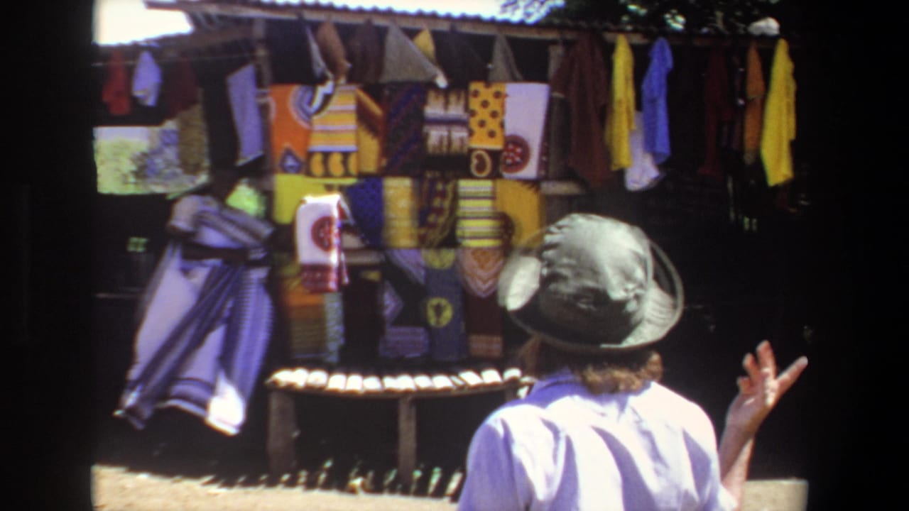 Woman in a brimmed hat gestures near a stall displaying bright hanging fabrics.
