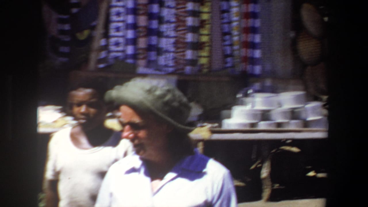 In the Pretoria market footage, a green-hatted traveler stands near a local man, stacked containers, and patterned textiles.