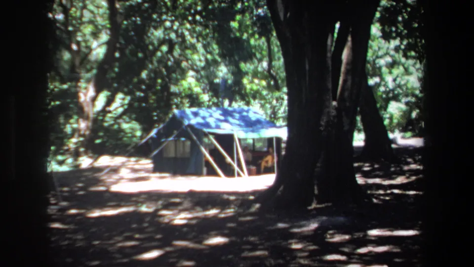 1969 Pretoria home-movie frame with a blue tent partly obscured by foreground trees in a dense shaded campsite.