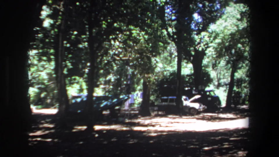 Pretoria campsite frame with cars and distant people under tall trees, filmed in soft 8mm color.