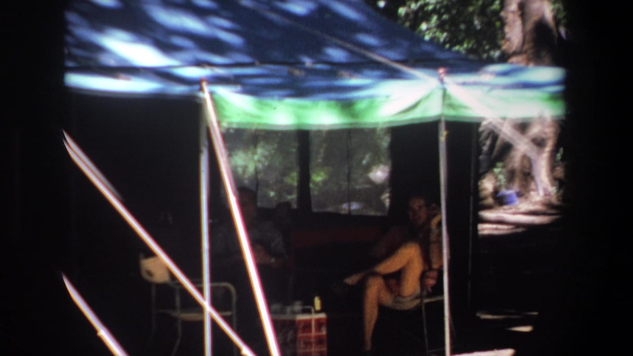 Closer view of the canopy tent with a person sitting in shade.