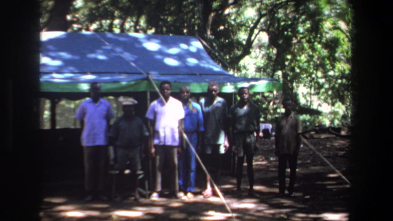 Seven men stand facing the camera beneath a blue and green canopy in wooded Pretoria-area 8mm footage from 1969.