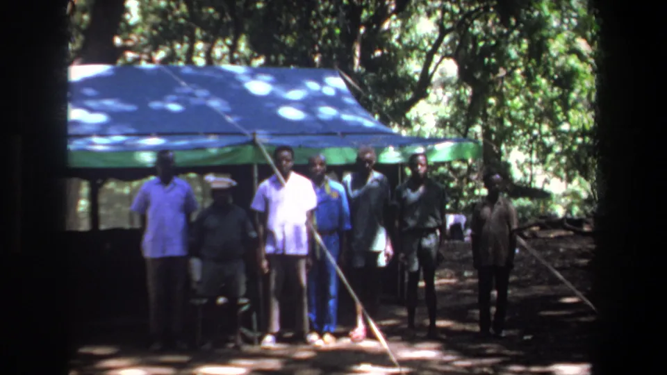 A group of men face the camera under a canopy in wooded Pretoria, with strong patches of sun and shade.