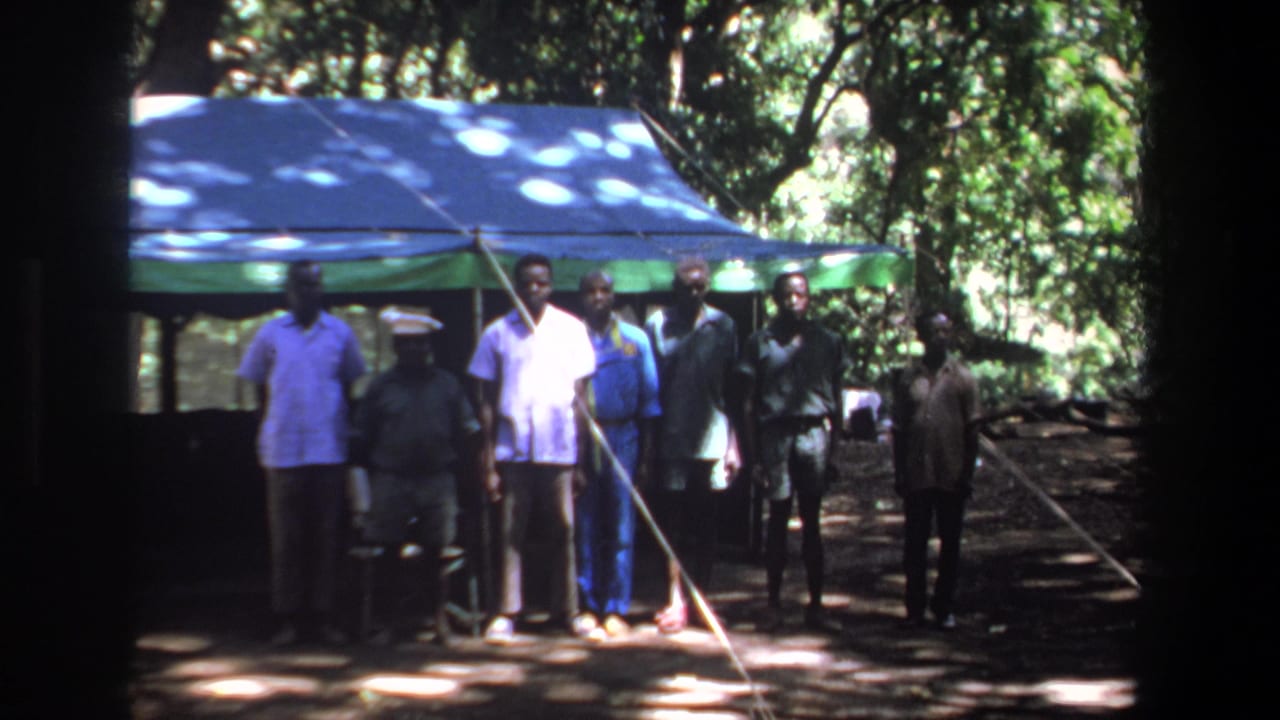 Several adult men stand near a blue and green tent in a wooded outdoor area.