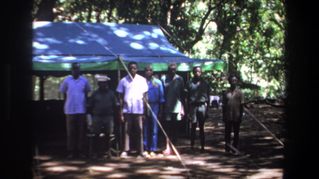 A group of men face the camera beside a tent under trees.