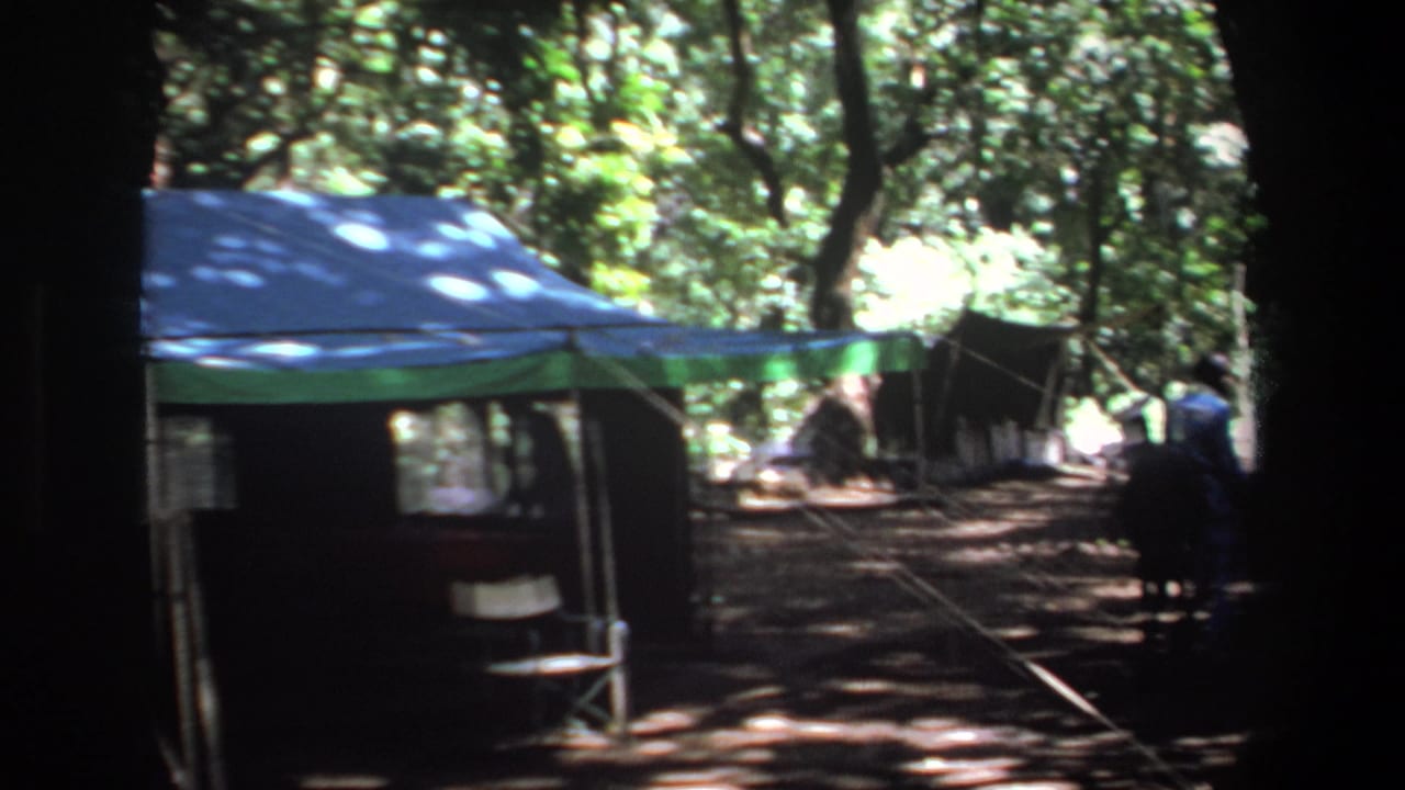 1969 Pretoria campsite view with tarp-covered shelters, folding chairs and trees casting broken shade across the camp area.