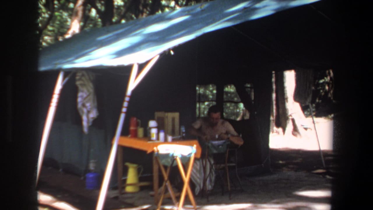 Campsite shelter with a seated man, blue tarp roof, folding table, and supplies in wooded shade.