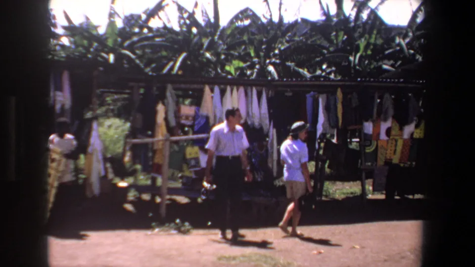 At the end of the Pretoria market shot, the two visitors walk past the textile stall, with hanging fabrics and large tropical-looking leaves overhead.