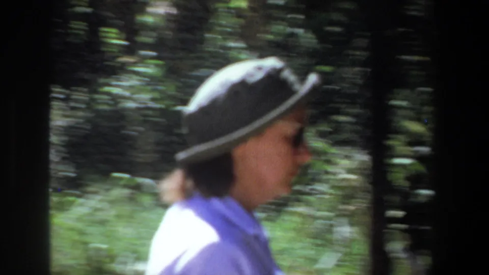 A soft, handheld profile view shows the woman in sunglasses and a gray hat walking past greenery in the 1969 Pretoria market sequence.