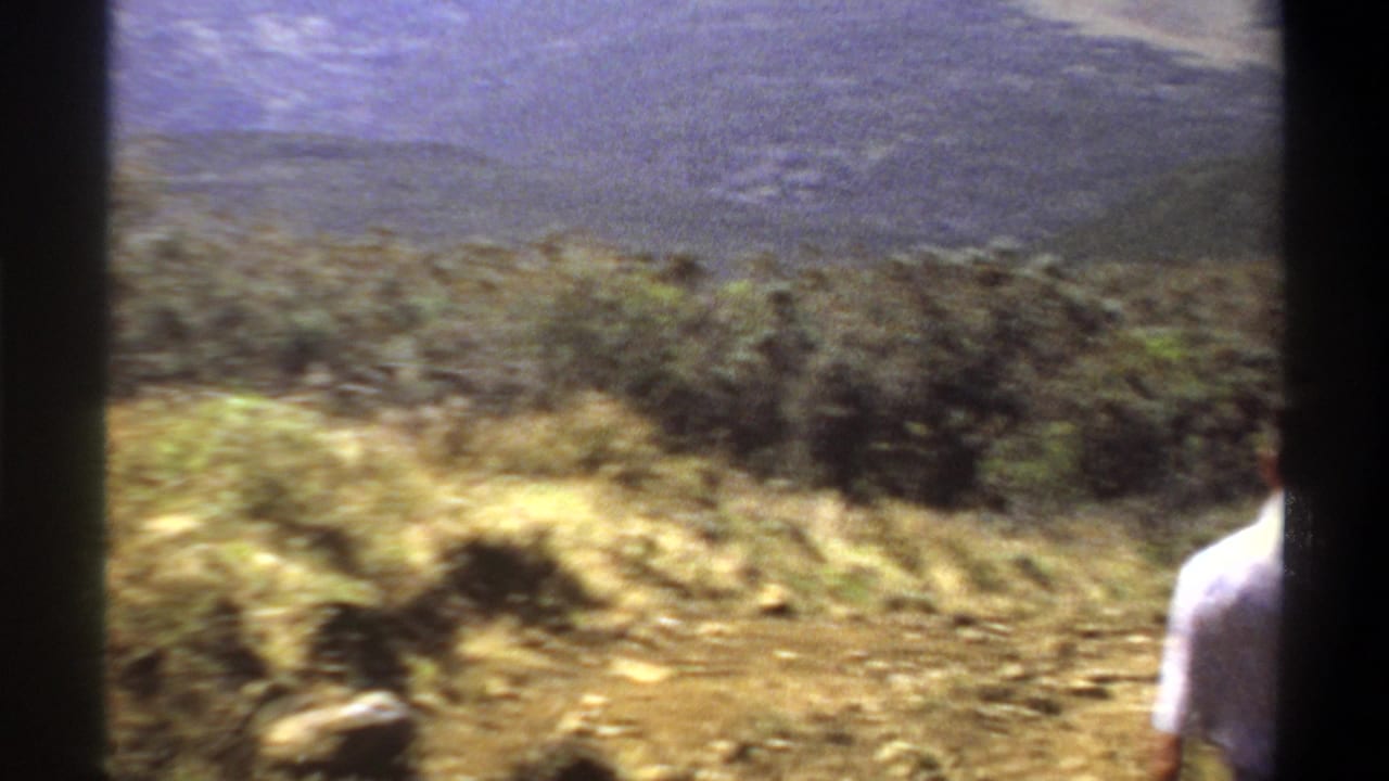 Partial view of a man on a rocky hillside with scrub brush and distant hills beyond.