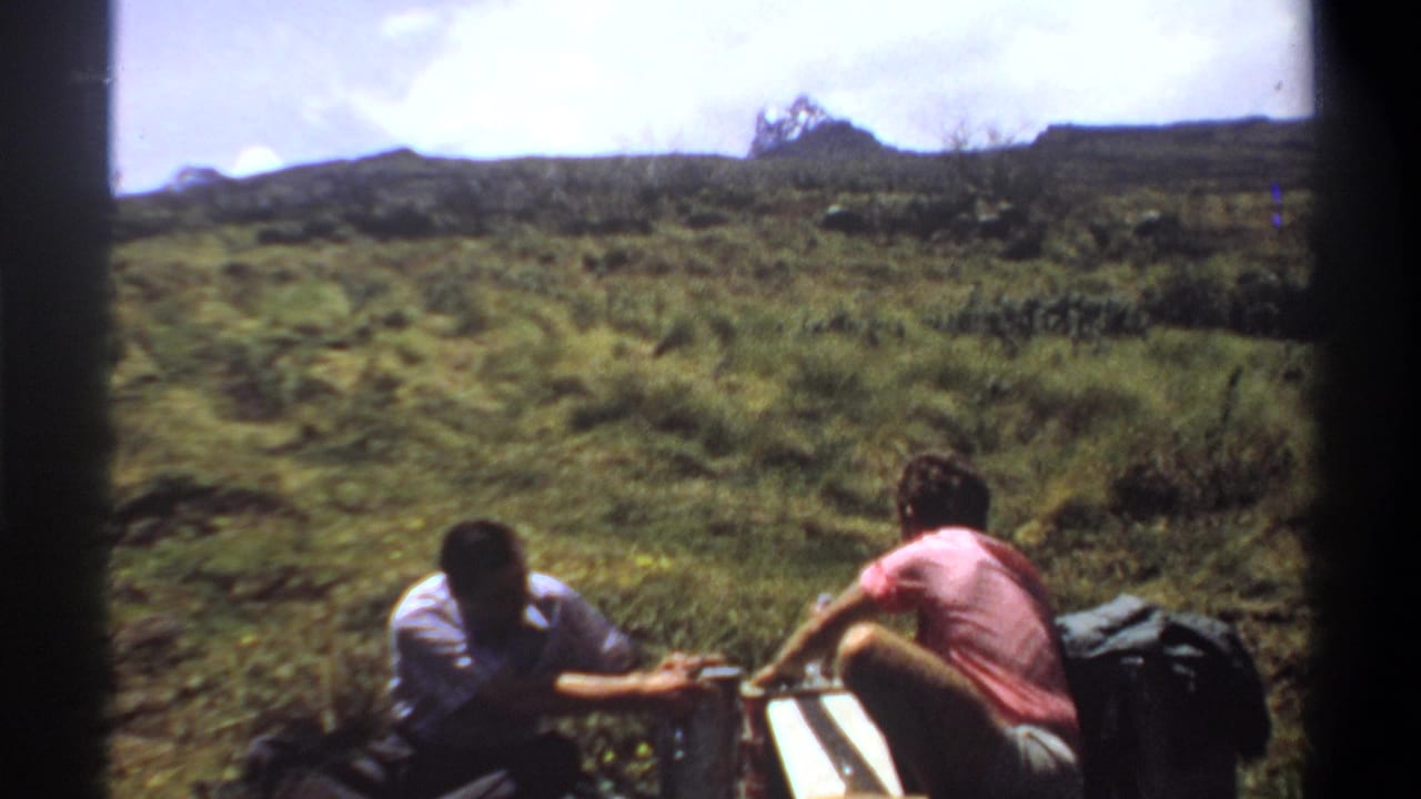 Two seated men reach toward bottles and a box on grass below low hills.
