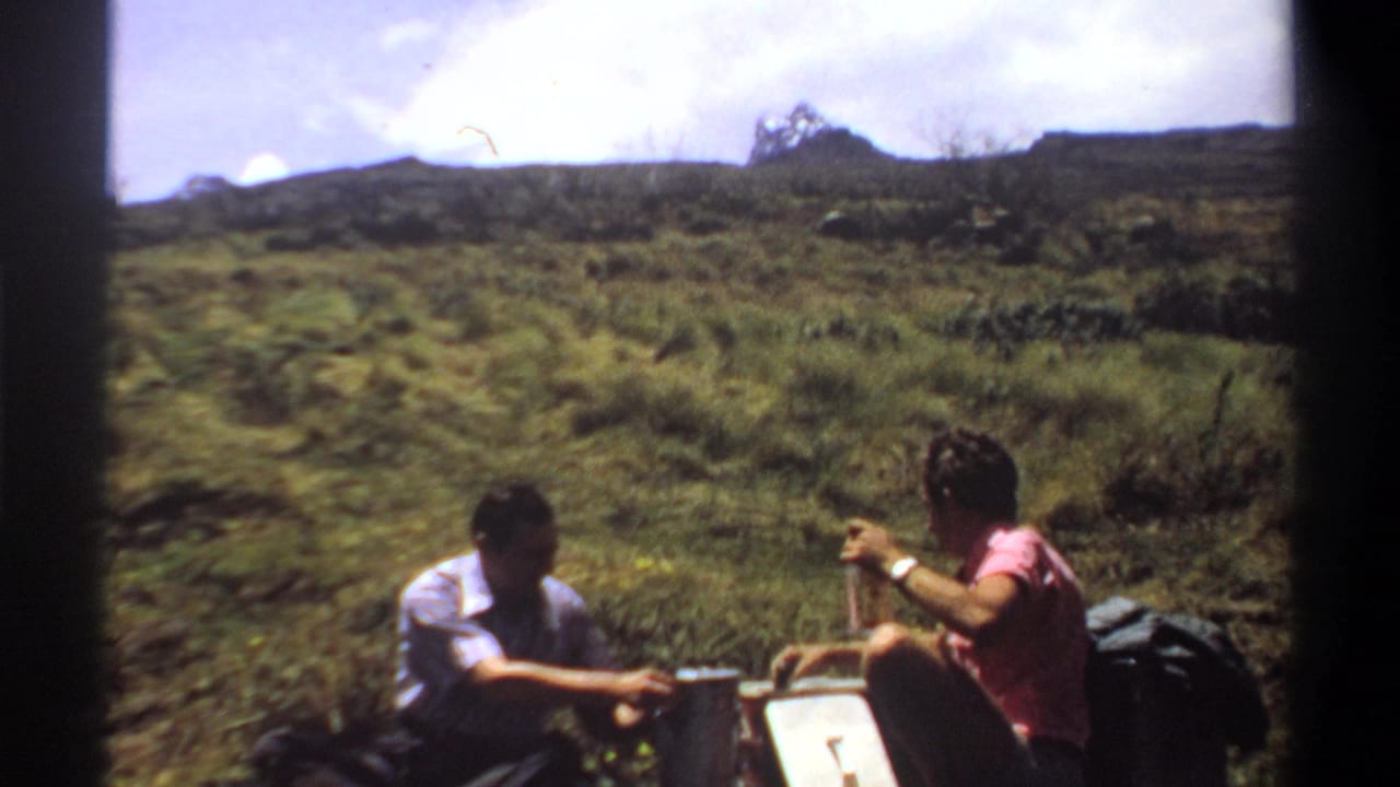 Two adults sit in grass on a hillside with drink containers and a backpack nearby.
