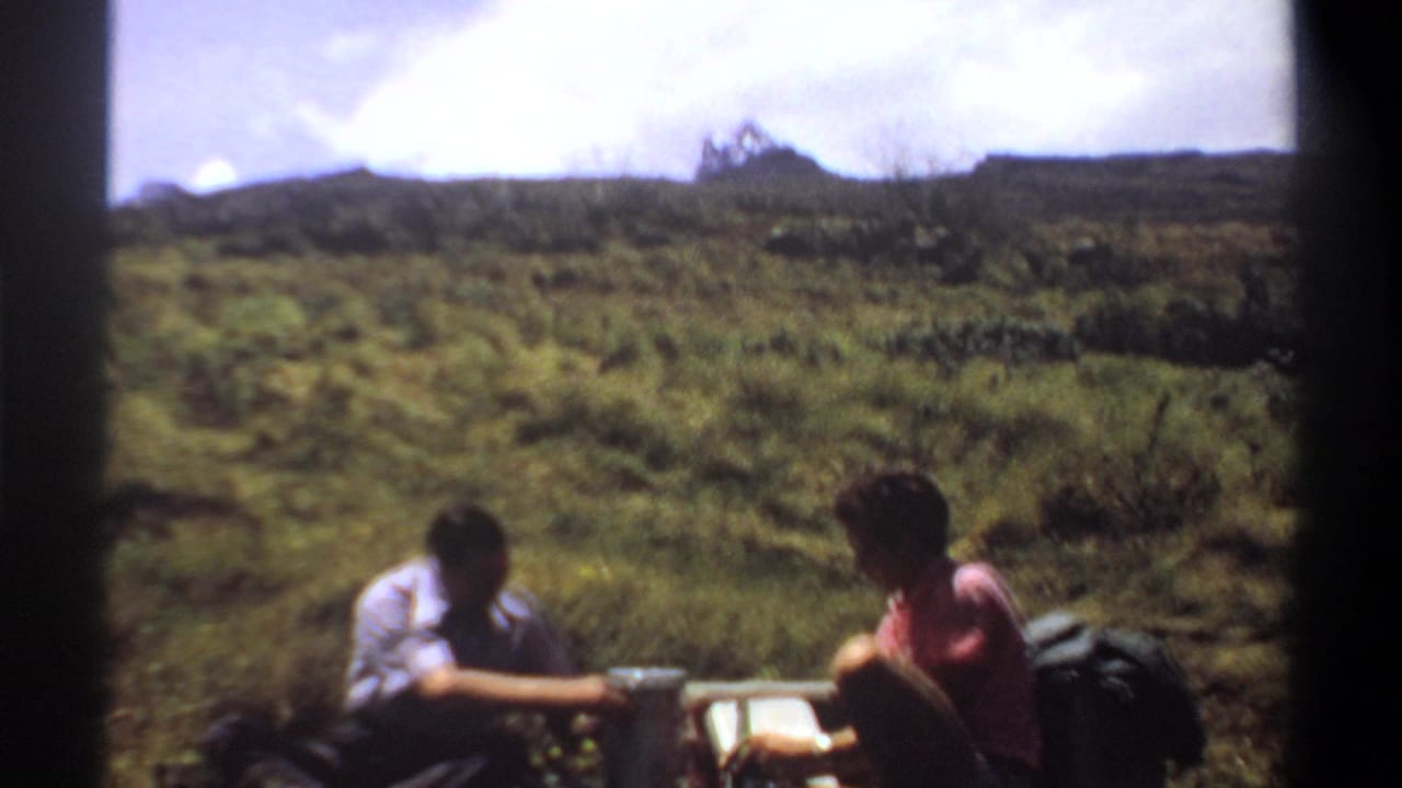 Two adults sit on grass with picnic supplies on a hillside under a cloudy sky.