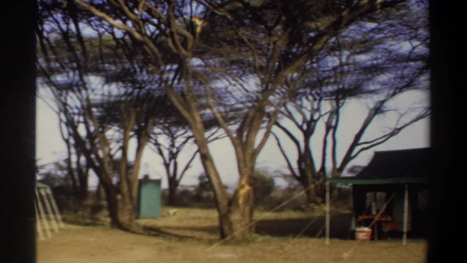 1969 Khartoum home-movie frame with acacia-like trees, a small blue-green structure, dry ground, and the edge of a camp shelter.